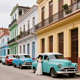 Caribbean Holidays, Cuba Weddings, A newly married couple exploring colourful streets in Havana, Cuba, beside classic vintage cars and historic colonial buildings