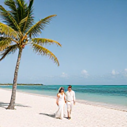 Caribbean Holidays, Cuba Weddings, A newly married couple walking along a bright white sandy beach in Varadero, Cuba, with turquoise sea and gently swaying palm trees