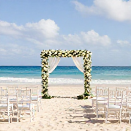 Caribbean Holidays, Cuba Weddings, An elegant outdoor wedding ceremony at a Cuban beach resort, decorated with white flowers and simple chairs overlooking the Caribbean Sea