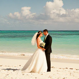 Caribbean Holidays, Cuba Weddings April, Bride and groom celebrating beside a turquoise Caribbean beach in Cuba in warm April sunshine