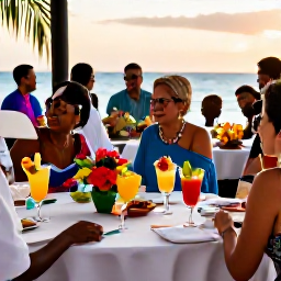 Caribbean Holidays, Cuba Weddings April, Cuban wedding reception at sunset with tropical drinks, colourful flowers and guests dining outdoors