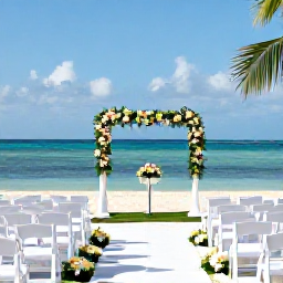Caribbean Holidays, Cuba Weddings April, Elegant Cuban beach wedding ceremony with white chairs, tropical flowers and calm blue sea