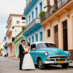 Caribbean Holidays, Cuba Weddings April, Newly married couple exploring colourful colonial streets and classic American cars in Havana, Cuba