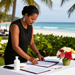 Caribbean Holidays, Cuba Weddings, Cuban wedding planner arranging flowers and documents at a resort table, with tropical details and a beach visible behind