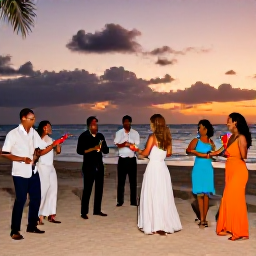 Caribbean Holidays, Cuba Weddings, Cuban wedding reception at a beachfront resort with guests enjoying music, dancing, colourful cocktails and a sunset sky