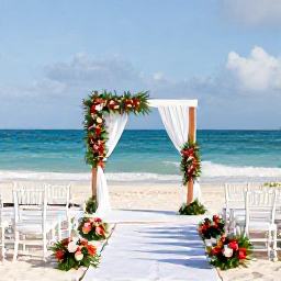 Caribbean Holidays, Cuba Weddings, Elegant outdoor wedding ceremony on a Cuban beach with white chairs, tropical flowers and the sea in the background