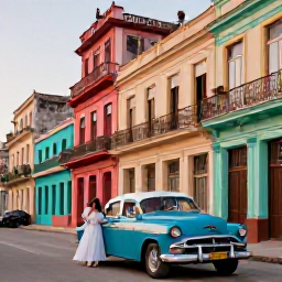 Caribbean Holidays, Cuba Weddings July, A couple exploring colourful Old Havana streets, classic American cars, balconies and historic colonial buildings in warm evening light
