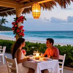Caribbean Holidays, Cuba Weddings July, A newlywed couple enjoying a romantic dinner at a Cuban beachfront resort, tropical flowers, lanterns and sea views