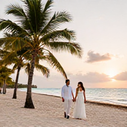 Caribbean Holidays, Cuba Weddings July, A newlywed couple walking hand in hand along a bright Cuban beach at sunset, palm trees and calm turquoise sea