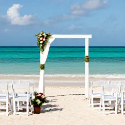 Caribbean Holidays, Cuba Weddings July, An elegant outdoor wedding ceremony on a Cuban beach, white chairs, simple floral decoration and turquoise water in the background