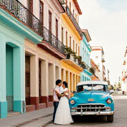 Caribbean Holidays, Cuba Weddings June, A couple exploring colourful colonial streets in Havana, Cuba, in warm June sunshine, with classic cars and historic buildings