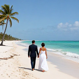 Caribbean Holidays, Cuba Weddings June, A newly married couple walking along a sunlit Cuban beach in June, with turquoise water, white sand and gentle palm trees
