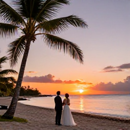 Caribbean Holidays, Cuba Weddings June, A newlywed couple watching a colourful Cuban sunset from a beach, with palm trees and calm sea in the background
