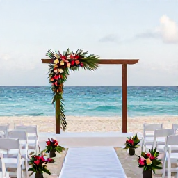Caribbean Holidays, Cuba Weddings June, An elegant beachfront wedding ceremony in Cuba in June, with white chairs, tropical flowers and a calm turquoise sea