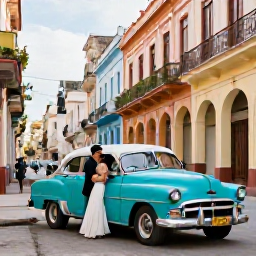 Caribbean Holidays, Cuba Weddings May, A couple exploring colourful Havana streets in a classic vintage car, colonial buildings, warm May sunshine and lively Cuban atmosphere