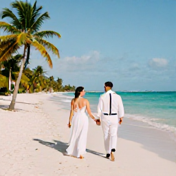 Caribbean Holidays, Cuba Weddings May, A newly married couple walking along a sunny Cuban beach in May, turquoise sea, soft white sand and palm trees