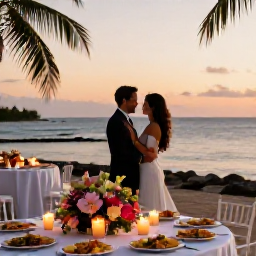 Caribbean Holidays, Cuba Weddings May, A romantic Cuban wedding reception at sunset, tropical flowers, candles, Cuban food and a couple celebrating beside the sea