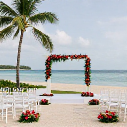 Caribbean Holidays, Cuba Weddings May, An elegant beachfront wedding ceremony in Cuba during May, white chairs, tropical flowers, palm trees and calm blue water