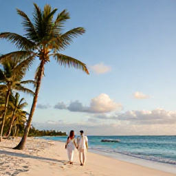 Caribbean Holidays, Cuba Weddings, Newly married couple walking along a bright Cuban beach at sunset, with palm trees and calm turquoise sea