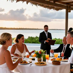 Caribbean Holidays, Cuba Weddings November, Bride and groom enjoying a relaxed Cuban wedding reception at sunset, with tropical dishes, cocktails and live musicians