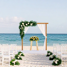 Caribbean Holidays, Cuba Weddings November, Elegant beach wedding ceremony in Varadero, Cuba, with white chairs, tropical flowers and calm blue sea