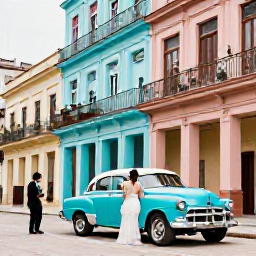 Caribbean Holidays, Cuba Weddings November, Happy wedding guests exploring Havana, Cuba, beside colourful colonial buildings and a vintage classic car
