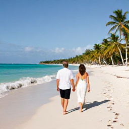 Caribbean Holidays, Cuba Weddings November, Newlyweds walking hand in hand along a sunny Cuban beach in November, with turquoise water, palms and a relaxed Caribbean atmosphere