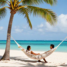 Caribbean Holidays, Cuba Weddings, Romantic couple relaxing on a Cuban beach after their wedding, with a hammock, palm trees and peaceful blue sea