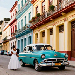 Caribbean Holidays, Cuba Weddings September, Cuban wedding couple exploring colourful Havana streets, classic American cars and colonial buildings in warm afternoon light