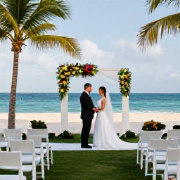 Caribbean Holidays, Cuba Weddings September, Elegant beachfront wedding ceremony in a Cuban resort, with white chairs, tropical flowers and the sea behind the couple