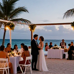 Caribbean Holidays, Cuba Weddings September, Happy wedding couple and guests enjoying a relaxed Cuban beach reception with tropical decorations and warm evening light