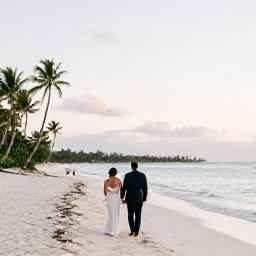 Caribbean Holidays, Cuba Weddings September, Newlyweds walking along a bright white Cuban beach at sunset, with calm turquoise sea and palm trees