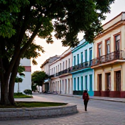 Caribbean Holidays, Cuba Wellness April, A peaceful afternoon scene in Havana with a visitor walking through colourful streets near a leafy square
