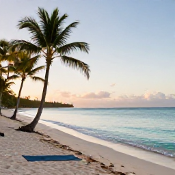 Caribbean Holidays, Cuba Wellness April, A peaceful Cuban beach at sunrise in April, with a yoga mat, palm trees and calm turquoise water