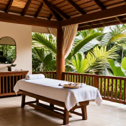 Caribbean Holidays, Cuba Wellness April, A tranquil Cuban spa setting with natural wood, tropical plants, towels and a relaxing treatment area
