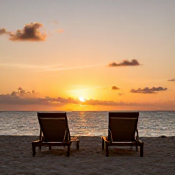 Caribbean Holidays, Cuba Wellness April, A warm Cuban sunset over a quiet beach, with two comfortable loungers and soft evening light