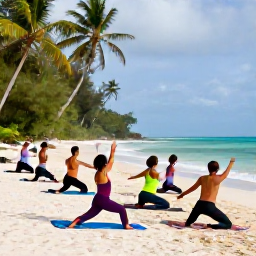 Caribbean Holidays, Cuba Wellness April, Visitors taking part in a gentle outdoor yoga session beside a Cuban beach, surrounded by tropical greenery