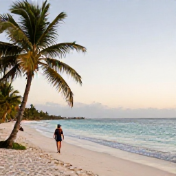 Caribbean Holidays, Cuba Wellness August, A peaceful Cuban beach at sunrise in August, calm turquoise water, soft sand, palm trees and a relaxed traveller walking beside the shore