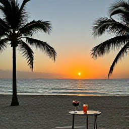 Caribbean Holidays, Cuba Wellness August, A peaceful Cuban sunset over a sandy beach, calm sea, palm silhouettes and a small table with a cool tropical drink