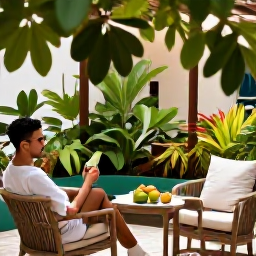 Caribbean Holidays, Cuba Wellness August, A shaded terrace in Havana, Cuba, with leafy plants, comfortable chairs, fresh fruit and a relaxed traveller enjoying the afternoon