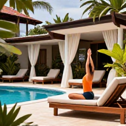 Caribbean Holidays, Cuba Wellness August, A tranquil Cuban wellness resort garden with shaded loungers, tropical plants, a small swimming pool and a person practising yoga