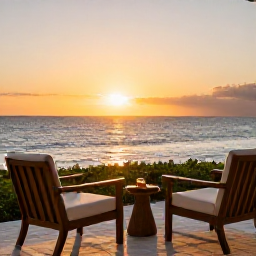 Caribbean Holidays, Cuba Wellness Breaks, A calm Cuban resort terrace overlooking the sea at sunset, with a herbal tea, comfortable chair and soft golden light, realistic travel photography