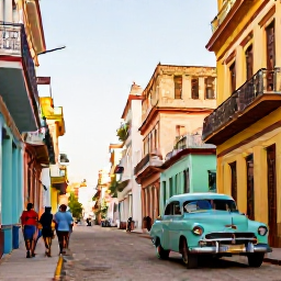 Caribbean Holidays, Cuba Wellness Breaks, A colourful Havana street with classic American cars, colonial buildings and relaxed visitors walking in warm sunshine, realistic travel photography
