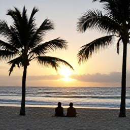 Caribbean Holidays, Cuba Wellness Breaks, A couple relaxing on a quiet Cuban beach at sunset, with palm silhouettes and gentle waves