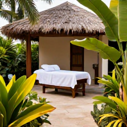 Caribbean Holidays, Cuba Wellness Breaks, A peaceful Cuban wellness resort garden with treatment rooms, tropical plants and a shaded relaxation area, realistic travel photography