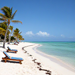 Caribbean Holidays, Cuba Wellness Breaks, A quiet white-sand beach in Varadero, Cuba, with clear water, sun loungers and palm trees under a blue February sky, realistic travel photography