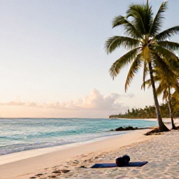 Caribbean Holidays, Cuba Wellness Breaks, A tranquil Cuban beach at sunrise with a yoga mat, calm turquoise sea and palm trees, realistic travel photography