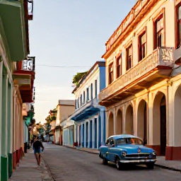 Caribbean Holidays, Cuba Wellness December, Colourful Cuban street in a historic town, relaxed travellers, classic cars and warm late-afternoon sunlight
