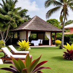 Caribbean Holidays, Cuba Wellness December, Cuban wellness resort garden with treatment pavilion, lush plants, loungers and peaceful tropical atmosphere