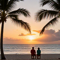 Caribbean Holidays, Cuba Wellness December, Relaxed couple watching a vivid Cuban sunset from a quiet beach, palm silhouettes and warm evening sky